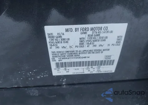 2016 Ford Explorer Xlt z USA, uszkodzony, nr VIN 1FM5K8DH1GGD24814